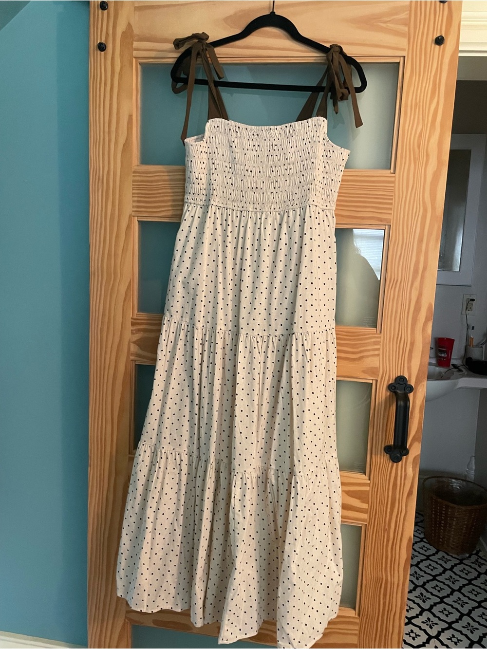 Wishlist Cream Maxi Dress with Black Polka Dots and Brown Tie Straps
